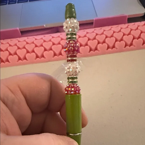 Green Refillable  Ballpoint Pen with Bejeweled Red and White  Beads - Picture 3 of 4